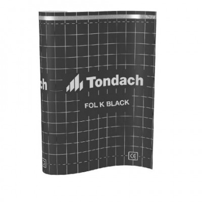 Tondach FOL K BLACK páraáteresztő alátétfólia dupla ragasztósávval, szabadonfektetve vagy teljes deszkázatra. 1,5 × 50 m = 75 m²; 145 g/m²; Sd: 0,02 m
